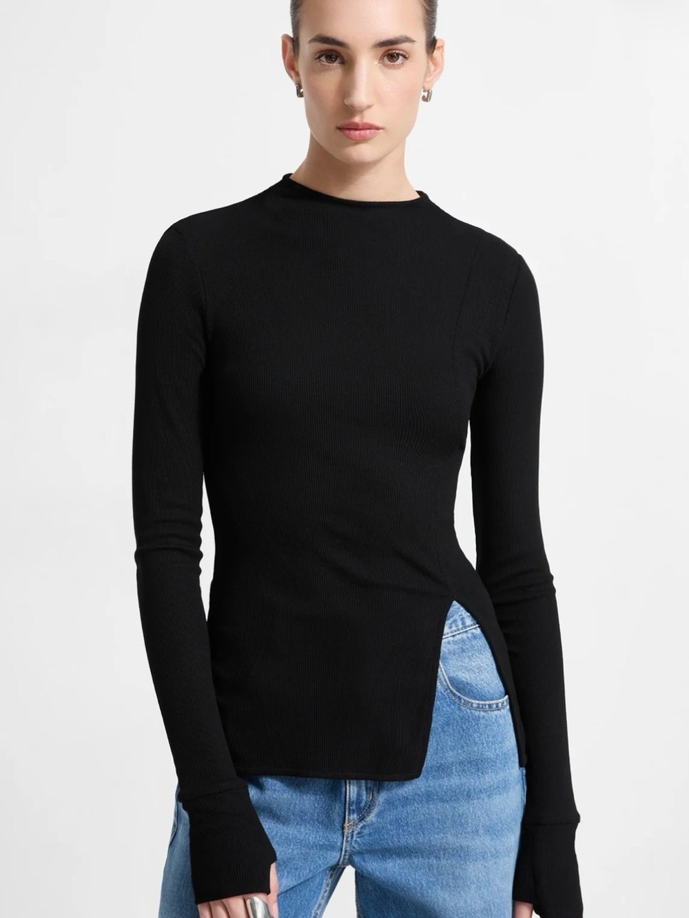 MARELLA Best Seller Cover Top Black Ribbed Long-Sleeve with Side Slit sz XXL
